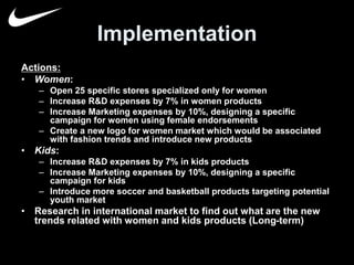 Implementation 
Actions: 
• Women: 
– Open 25 specific stores specialized only for women 
– Increase R&D expenses by 7% in women products 
– Increase Marketing expenses by 10%, designing a specific 
campaign for women using female endorsements 
– Create a new logo for women market which would be associated 
with fashion trends and introduce new products 
• Kids: 
– Increase R&D expenses by 7% in kids products 
– Increase Marketing expenses by 10%, designing a specific 
campaign for kids 
– Introduce more soccer and basketball products targeting potential 
youth market 
• Research in international market to find out what are the new 
trends related with women and kids products (Long-term) 
 