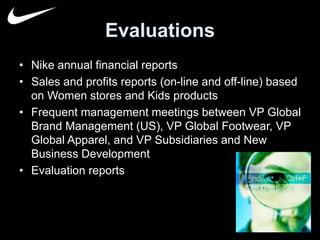 Evaluations 
• Nike annual financial reports 
• Sales and profits reports (on-line and off-line) based 
on Women stores and Kids products 
• Frequent management meetings between VP Global 
Brand Management (US), VP Global Footwear, VP 
Global Apparel, and VP Subsidiaries and New 
Business Development 
• Evaluation reports 
 