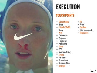 EXECUTION
TOUCH POINTS
Social Media
Blogs
Friends (WoM)
Apps
Web
Call center
Customer
Employees
Packaging
Store
POS
Merchandising
Events
Partners
Promotions
Sponsorships
Internet
TV
Press
Outdoor
Nike community
Magazines
 