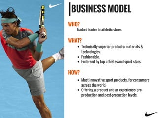 BUSINESS MODEL
WHO?
HOW?
WHAT?
Market leader in athletic shoes
Technically superior products: materials &
technologies.
Fashionable.
Endorsed by top athletes and sport stars.
Most innovative sport products, for consumers
across the world.
Offering a product and an experience: pre-
production and post-production levels.
 