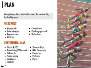 PLAN
MESSAGES
EXPERIENTIAL MAP
Human will
Determination
Perseverance
Attitude
Commitment
Challenge yourself
Motivation
Compete vs Adidas who had received the sponsorship
for the Olympics.
Stores & POS
Advertising (TV,Internet..)
Billboards
Social Media
Packaging
Product
Sponsorships
Nike Community
Promotion
Partners
Press
 