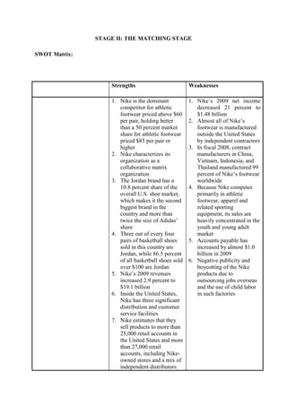 STAGE II: THE MATCHING STAGE
SWOT Matrix:
Strengths Weaknesses
1. Nike is the dominant
competitor for athletic
footwear priced above $60
per pair, holding better
than a 50 percent market
share for athletic footwear
priced $85 per pair or
higher
2. Nike characterizes its
organization as a
collaborative matrix
organization
3. The Jordan brand has a
10.8 percent share of the
overall U.S. shoe market,
which makes it the second
biggest brand in the
country and more than
twice the size of Adidas’
share
4. Three out of every four
pairs of basketball shoes
sold in this country are
Jordan, while 86.5 percent
of all basketball shoes sold
over $100 are Jordan
5. Nike’s 2009 revenues
increased 2.9 percent to
$19.1 billion
6. Inside the United States,
Nike has three significant
distribution and customer
service facilities
7. Nike estimates that they
sell products to more than
25,000 retail accounts in
the United States and more
than 27,000 retail
accounts, including Nike-
owned stores and a mix of
independent distributors
1. Nike’s 2009 net income
decreased 21 percent to
$1.48 billion
2. Almost all of Nike’s
footwear is manufactured
outside the United States
by independent contractors
3. In fiscal 2008, contract
manufacturers in China,
Vietnam, Indonesia, and
Thailand manufactured 99
percent of Nike’s footwear
worldwide
4. Because Nike competes
primarily in athletic
footwear, apparel and
related sporting
equipment, its sales are
heavily concentrated in the
youth and young adult
market
5. Accounts payable has
increased by almost $1.0
billion in 2009
6. Negative publicity and
boycotting of the Nike
products due to
outsourcing jobs overseas
and the use of child labor
in such factories
 