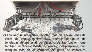 Cada año se recogen y reciclan más de 1,5 millones de
pares de zapatillas gastadas, además de miles de
toneladas de material de desecho de fabricación, que
también se recicla. Desde la creación del programa, han
recogido más de 28 millones de pares de zapatillas
 