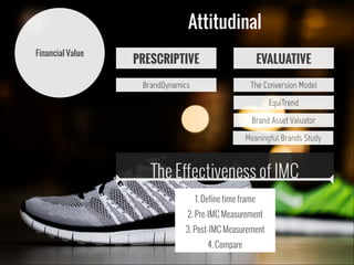 Attitudinal
Financial Value

PRESCRIPTIVE

EVALUATIVE

BrandDynamics

The Conversion Model
EquiTrend
Brand Asset Valuator
Meaningful Brands Study

The Effectiveness of IMC
1. Define time frame
2. Pre-IMC Measurement
3. Post-IMC Measurement
4. Compare

 