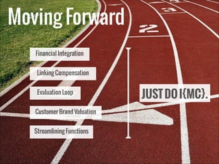 Moving Forward
Financial Integration
Linking Compensation
Evaluation Loop

JUST DO I{MC}.

Customer Brand Valuation
Stream...