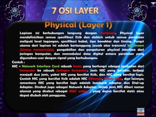 x




    Lapisan ini berhubungan langsung dengan hardware. Physical layer
    mendefinisikan semua spesifikasi fisik dan elektris untuk semua peralatan
    meliputi level tegangan, spesifikasi kabel, tipe konektor dan timing. Fungsi
    utama dari lapisan ini adalah bertanggung jawab atas transmisi bit stream
    (binary transmission), pengaktifan dan pengaturan  physical interface dari
    jaringan komputer, dan memodulasi data digital antara peralatan yang
    digunakan user dengan signal yang berhubungan.
Contoh :
NIC = Network Interface Card sebuah kartu yang berfungsi sebagai jembatan dari
    komputer ke sebuah jaringan komputer. Jenis NIC yang beredar, terbagi
    menjadi dua jenis, yakni NIC yang bersifat fisik, dan NIC yang bersifat logis.
    Contoh NIC yang bersifat fisik adalah NIC Ethernet, Token Ring, dan lainnya;
    sementara NIC yang bersifat logis adalah loopback adapter dan Dial-up
    Adapter. Disebut juga sebagai Network Adapter. Setiap jenis NIC diberi nomor
    alamat yang disebut sebagai MAC address, yang dapat bersifat statis atau
    dapat diubah oleh pengguna.
 