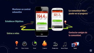 Mantener un control
exhaustivo

La comunidad Nike+
puede ver el progreso

Establecer Objetivos

Unirse a retos

Contactar amigos de
la comunidad.

 