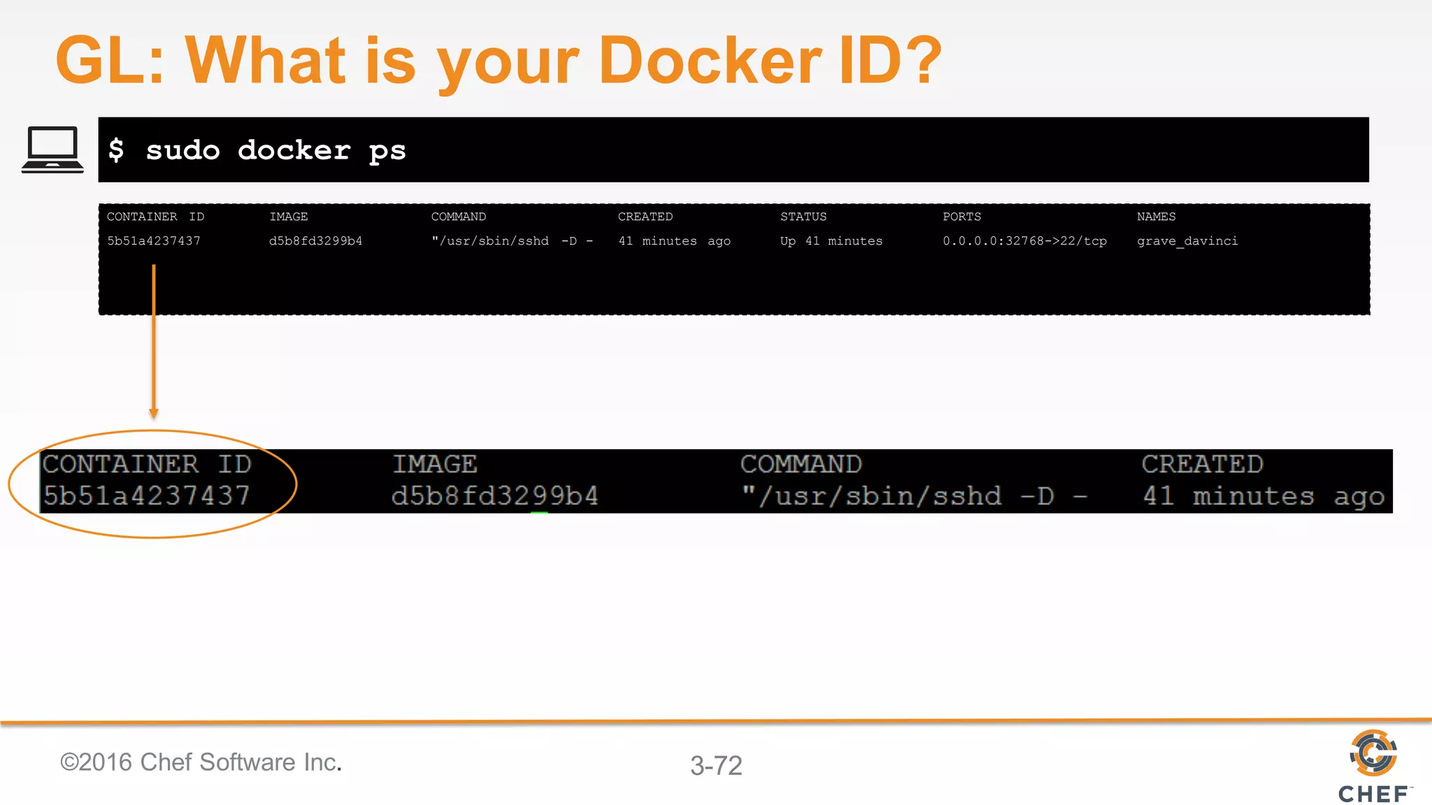 ©2016 Chef Software Inc. 3-72
CONTAINER ID IMAGE COMMAND CREATED STATUS PORTS NAMES
5b51a4237437 d5b8fd3299b4 "/usr/sbin/sshd -D - 41 minutes ago Up 41 minutes 0.0.0.0:32768->22/tcp grave_davinci
$ sudo docker ps
GL: What is your Docker ID?
 