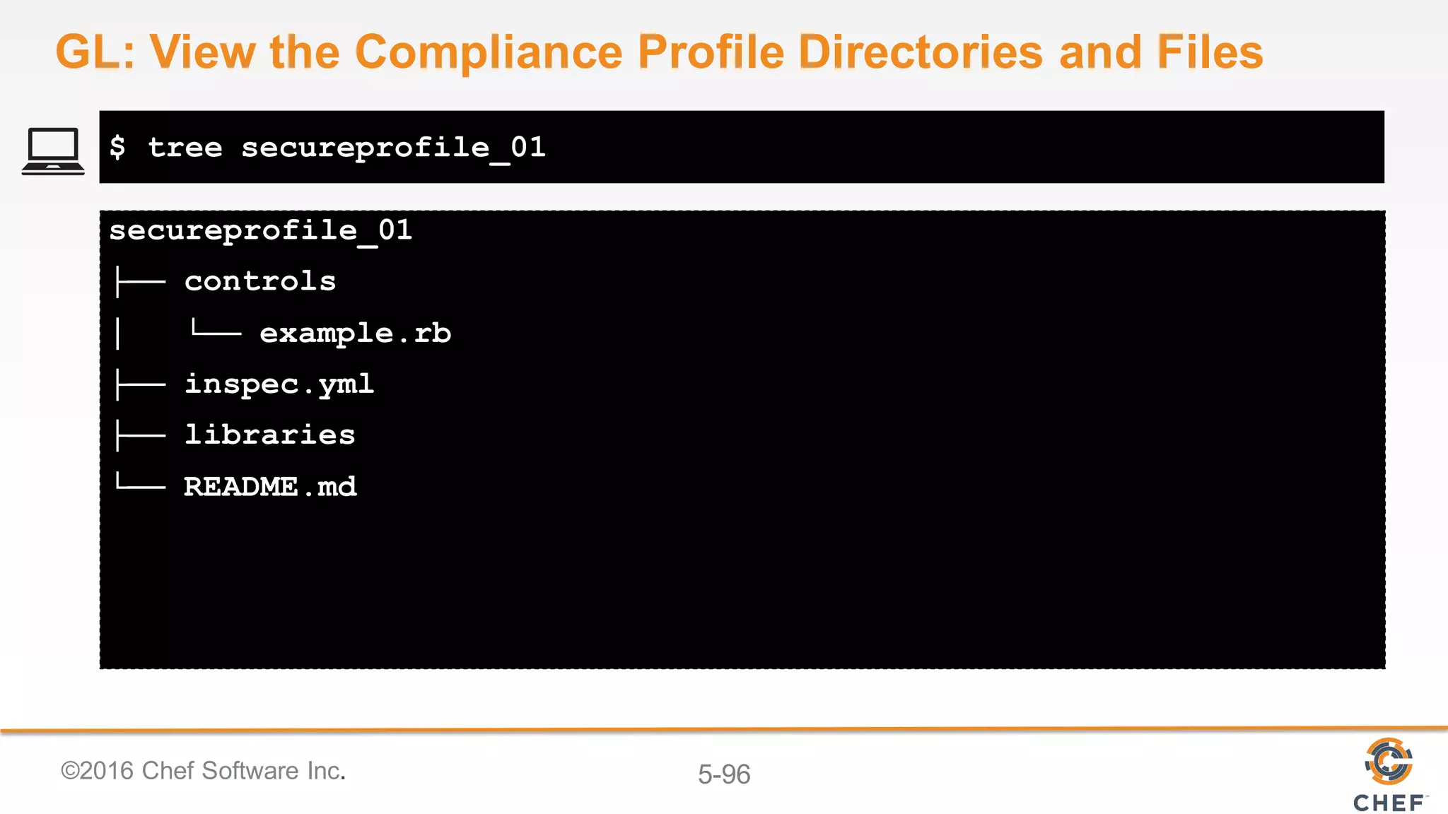 ©2016 Chef Software Inc. 5-96
secureprofile_01
├── controls
│ └── example.rb
├── inspec.yml
├── libraries
└── README.md
$ tree secureprofile_01
GL: View the Compliance Profile Directories and Files
 