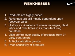 1. Products are highly priced
2. Revenues are still mostly dependent upon
footwear sales
3. History for violations of minimum wages, child
labor and over times in its manufacturing
countries.
4. Little control over quality of products from 3rd
party contractors
5. Anti-globalization groups
6. Price sensitivity of products
22
 
