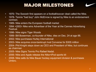 • 1970- The Swoosh first appears on a football/soccer cleat called the Nike.
• 1978- Tennis "bad boy" John McEnroe is signed by Nike to an endorsement
contract.
• 1989- Nike enters the European football market
• 1994 +2003- Nike wins Advertiser of the Year at the Cannes Advertising
Festival.
• 1996- Nike signs Tiger Woods
• 1999- Bill Bowerman, co-founder of Nike, dies on Dec. 24 at age 88.
• 2002- Nike purchases Hurley International
• 2003- Nike acquires once-bankrupt rival Converse for $305 million
• 2004- Phil Knight steps down as CEO and President of Nike, but continues
as chairman
• 2005- Nike Signs Tennis Pro Rafael Nadal.
• 2006- Nike and Apple release the Nike+iPod sports kit
• 2008- Nike sells its Nike Bauer hockey equipment division & purchases
Umbro.
4
 