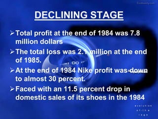 DECLINING STAGE
Total profit at the end of 1984 was 7.8
 million dollars
The total loss was 2.1 million at the end
 of 1985.
At the end of 1984 Nike profit was down
 to almost 30 percent.
Faced with an 11.5 percent drop in
 domestic sales of its shoes in the 1984
 