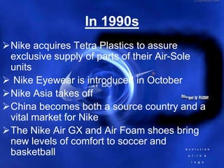 In 1990s
Nike acquires Tetra Plastics to assure
 exclusive supply of parts of their Air-Sole
 units
 Nike Eyewear is introduced in October
Nike Asia takes off
China becomes both a source country and a
 vital market for Nike
The Nike Air GX and Air Foam shoes bring
 new levels of comfort to soccer and
 basketball
 