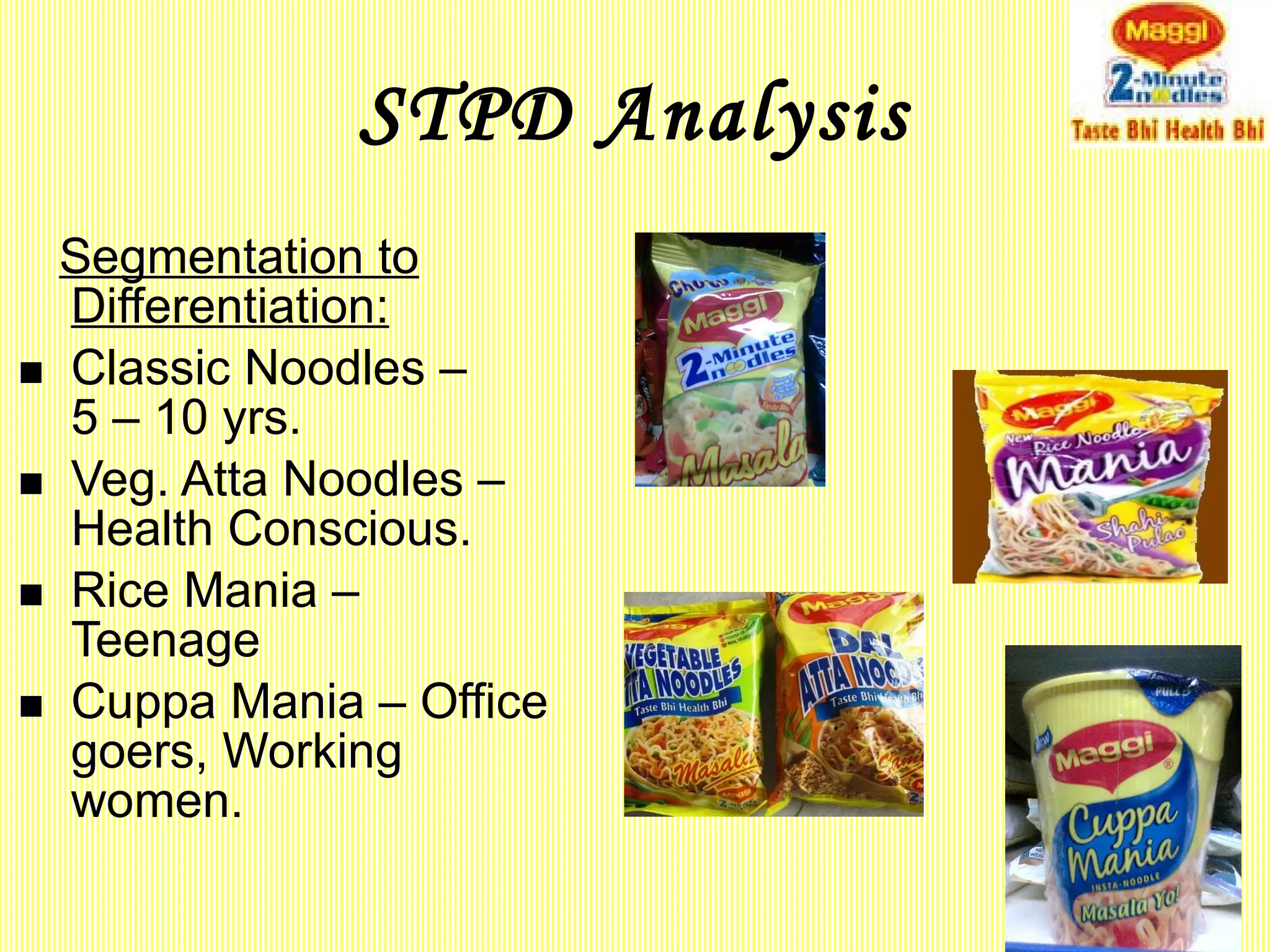 STPD Analysis Segmentation to Differentiation: Classic Noodles –  5 – 10 yrs. Veg. Atta Noodles – Health Conscious. Rice Mania –  Teenage  Cuppa Mania – Office goers, Working women. 