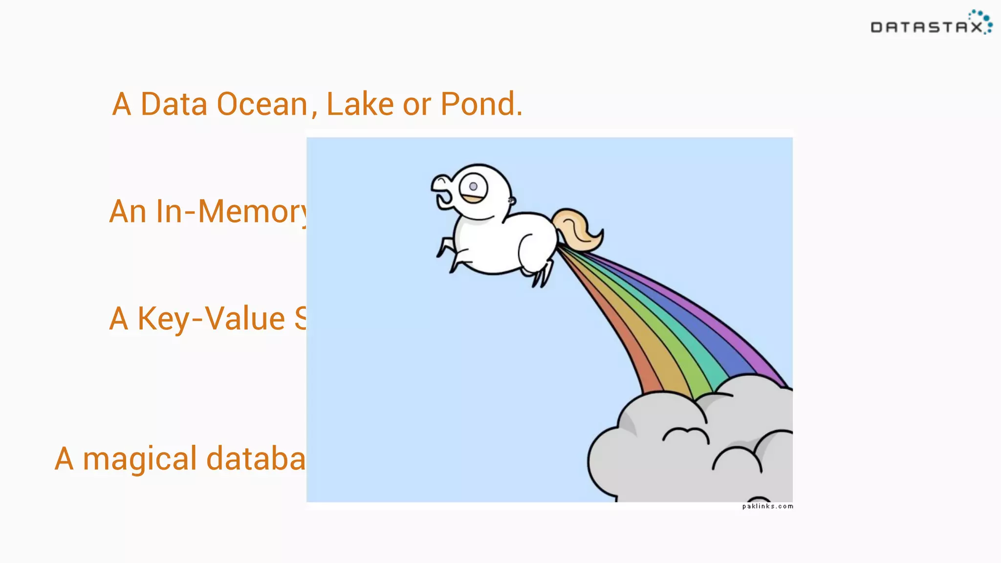 A Data Ocean or Pond., Lake
An In-Memory Database
A Key-Value Store
A magical database unicorn that farts rainbows
 