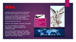 LARGEST SELLER OF ATHLETIC FOOTWEAR
AND ATHLETIC APPAREL IN THE WORLD.
DESIGN, DEVELOPMENT AND WORLDWIDE
MARKETING OF FOOTWEAR APPAREL,
EQUIPMENT AND ACCESSORY PRODUCTS.
18 000 RETAILS IN THE US
PRODUCT FOR WOMEN, MEN AND CHILDREN
TOP SELLING PRODUCT: RUNNING,
BASKETBALL, CROSS-TRAINING AND
WOMEN’S SHOES
ALSO DESIGN SPORTSWEAR FOR TENNIS,
SOCCER, BASEBALL, FOOTBALL, BICYCLING,
VOLLEYBALL, WRESTLING, CHEERLEADING,
AQUATIC ACTIVITIES, HIKING, …
The Swoosh
19713,
represents of the
wing of the
goddess.
Nike
56 % of its sales abroad
 