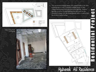 To complement the architectural layout and unusual geometry within each room I used a contemporary style of design for the interiors.  Often working with the architect and builder, I designed the false ceiling and furniture of the master bedroom, living room and adjoining corridors. Staircase HandrailResidential ProjectMezzanine Floor HandrailFirst Floor Mezzanine Corridor – False Ceiling LayoutSecond Floor HandrailSecond Floor Corridor- False Ceiling Layout