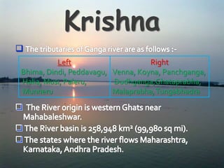 
Left
Bhima, Dindi, Peddavagu,
Halia, Musi, Paleru,
Munneru
Right
Venna, Koyna, Panchganga,
Dudhganga,Ghataprabha,
Malaprabha,Tungabhadra
 