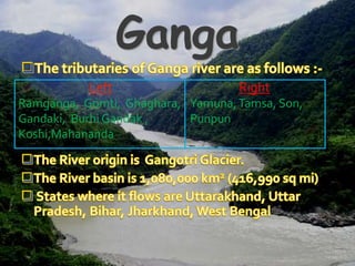 Left
Ramganga, Gomti, Ghaghara,
Gandaki, Burhi Gandak ,
Koshi,Mahananda
Right
Yamuna,Tamsa, Son,
Punpun
 