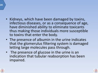 • Kidneys, which have been damaged by toxins,
infectious diseases, or as a consequence of age,
have diminished ability to eliminate toxicants
thus making those individuals more susceptible
to toxins that enter the body.
• The presence of albumin in the urine indicates
that the glomerulus filtering system is damaged
letting large molecules pass through.
• The presence of glucose in the urine is an
indication that tubular reabsorption has been
impaired.
24
 