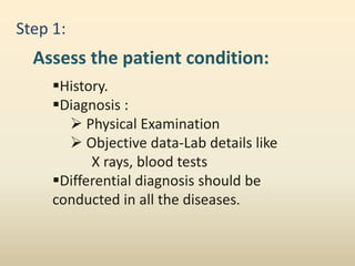 Assess the patient condition:
History.
Diagnosis :
 Physical Examination
 Objective data-Lab details like
X rays, blood tests
Differential diagnosis should be
conducted in all the diseases.
Step 1:
 