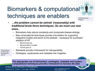 Biomarkers & computational 
techniques are enablers 
• …the problem cannot be solved (reasonably) with 
Data 
Analytics 
CDER Biomarker 
Program 
traditional brute force techniques. So we must use new 
ones.. 
– Biomarkers help reduce complexity and incorporate disease etiology 
– New computational techniques provide a foundation for supporting 
integrative models and bench to the bedside – necessary for successful 
adoption of HIT 
• Machine learning 
• Reverse Markov models 
• The list goes on… 
– Standards provide a framework for interoperability 
– Ontologies, vocabularies and metadata link it together 
The appropriate use of biomarkers, ontologies, metadata and modern 
computational techniques provide a framework to harness the data 
FDA Guidance 
on Biomarker 
Development 
(2014)1 
1 FDA - Qualification Process for 
Drug Development Tools 
OMICS 
IOT, Social 
Media 
mHealth Wellness 
 