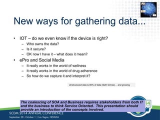 New ways for gathering data... 
• IOT – do we even know if the device is right? 
– Who owns the data? 
– Is it secure? 
– OK now I have it – what does it mean? 
• ePro and Social Media 
– It really works in the world of wellness 
– It really works in the world of drug adherence 
– So how do we capture it and interpret it? 
The coalescing of SOA and Business requires stakeholders from both IT 
and the business to think Service Oriented. This presentation should 
provide an introduction of the concepts involved. 
0110 
0110 
01001 
0110 
1110 
0110101 
Unstructured data is 80% of data (Seth Grines)… and growing 
 