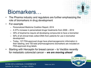 Data 
Analytics 
Biomarkers… 
• The Pharma industry and regulators are further emphasizing the 
role of biomarkers in drug development 
• For example 
– Personalized Medicine Coalition Report, 2014 
– A 57% increase in personalized drugs/ treatments from 2006 – 2014 
– 30% of biopharma require all developing compounds to have a biomarker 
– 50% of all clinical trials collect DNA from patients for use in biomarker 
development 
– Today, 137 FDA-approved drugs have pharmacogenomic information in 
their labeling, and 155 total pharmacogenomic biomarkers are included on 
FDA-approved drug labels 
• Starting with Herceptin for breast cancer – to Vectibix recently 
for metastatic colorectal cancer – we are moving ahead 
1 Salter et al, 2014 
OMICS 
IOT, Social 
Media 
mHealth Wellness 
 