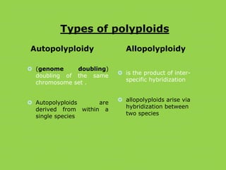 Types of polyploids
Autopolyploidy
 (genome doubling)
doubling of the same
chromosome set .
 Autopolyploids are
derived from within a
single species
Allopolyploidy
 is the product of inter-
specific hybridization
 allopolyploids arise via
hybridization between
two species
 