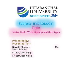 Presented By:-
Presented To:-
Navodit Bhandari Mr.
Vinod Balmiki
B.Tech, Civil Engg.
5th sem, Roll No:18
Subject:- HYDROLOGY
Topic
Water Table ,Wells ,Springs and their types
 