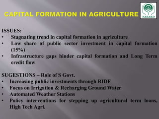ISSUES:
• Stagnating trend in capital formation in agriculture
• Low share of public sector investment in capital formation
(15%)
• Infrastructure gaps hinder capital formation and Long Term
credit flow
SUGESTIONS – Role of S Govt.
• Increasing public investments through RIDF
• Focus on Irrigation & Recharging Ground Water
• Automated Weather Stations
• Policy interventions for stepping up agricultural term loans,
High Tech Agri.
 