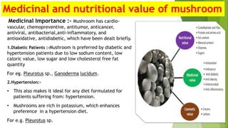 Medicinal and nutritional value of mushroom
Medicinal Importance :- Mushroom has cardio-
vascular, chemopreventive, antitumor, anticancer,
antiviral, antibacterial,anti-inflammatory, and
antioxidative, antidiabetic, which have been dealt briefly.
1.Diabetic Patients :-Mushroom is preferred by diabetic and
hypertension patients due to low sodium content, low
caloric value, low sugar and low cholesterol free fat
quantity
For eg. Pleurotus sp., Ganoderma lucidum.
2.Hypertension:-
• This also makes it ideal for any diet formulated for
patients suffering from: hypertension.
• Mushrooms are rich in potassium, which enhances
preference in a hypertension diet.
For e.g. Pleurotus sp.
 