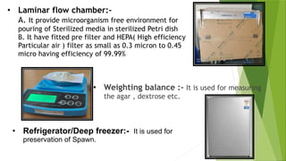 • Laminar flow chamber:-
A. It provide microorganism free environment for
pouring of Sterilized media in sterilized Petri dish
B. It have fitted pre filter and HEPA( High efficiency
Particular air ) filter as small as 0.3 micron to 0.45
micro having efficiency of 99.99%
• Weighting balance :- It is used for measuring
the agar , dextrose etc.
• Refrigerator/Deep freezer:- It is used for
preservation of Spawn.
 