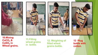 10.Mixing
CaCO3 &
CaSO4 in
Wheat grains.
11.Filling
wheat grains
in bottle.
12. Weighting of
filled wheat
grains bottle.
13 Plug
bottle with
cotton.
 