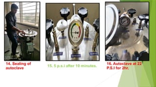 15. 5 p.s.i after 10 minutes.
16. Autoclave at 22
P.S.I for 2hr.
14. Sealing of
autoclave
 