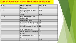 Cost of Mushroom Spawn Production and Return
S.No. Particular (Items) Cost (Rs.)
1. Fixed cost
a. Cost of Building of 51m2
area (Rent)
200
Total 200
b. Cost of machinery and
others (Rent)
I ) Autoclave (1 no.) 25
ii )Laminar air flow (1 no.) 25
iii) BOD Incubator (1 no.) R 25
iv) pH meter (1 no.) 5
V) Gas stove with regulator
(1 no.)
20
vi) Weighing balance (1
no.)
5
Total 105
 