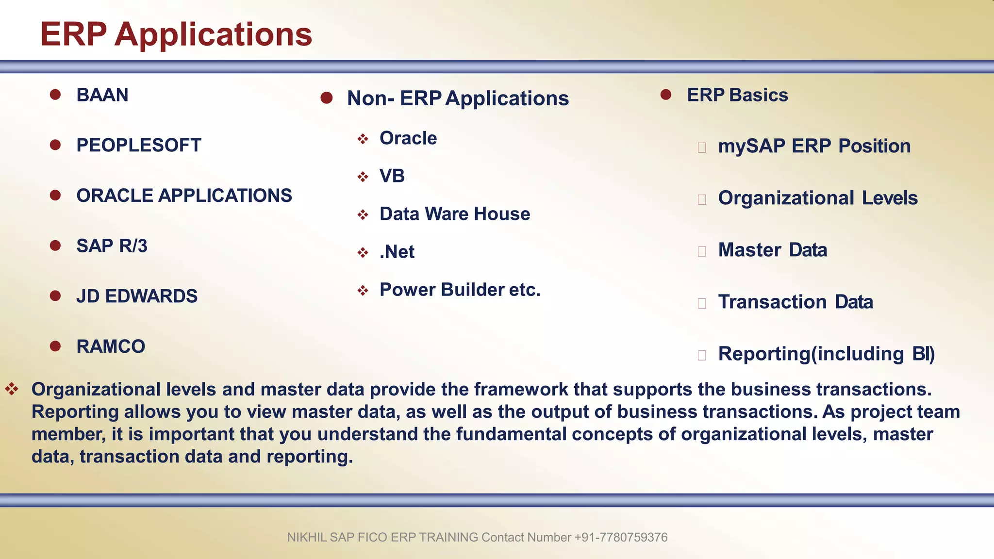 ERP Applications
NIKHIL SAP FICO ERP TRAINING Contact Number +91-7780759376
 BAAN
 PEOPLESOFT
 ORACLE APPLICATIONS
 SAP R/3
 JD EDWARDS
 RAMCO
 ERP Basics
mySAP ERP Position
Organizational Levels
Master Data
Transaction Data
Reporting(including BI)
 Organizational levels and master data provide the framework that supports the business transactions.
Reporting allows you to view master data, as well as the output of business transactions. As project team
member, it is important that you understand the fundamental concepts of organizational levels, master
data, transaction data and reporting.
 Non- ERPApplications
 Oracle
 VB
 Data Ware House
 .Net
 Power Builder etc.
 