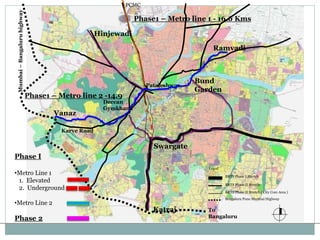 Karve Road 
Mumbai – Bangaluru highway 
Phase1 – Metro line 1 - 16.6 Kms 
BRTS Phase I Stretch 
BRTS Phase II Stretch 
BRTS Phase II Stretch ( City Core Area ) 
Bengaluru Pune Mumbai Highway 
Leged 
To 
Bangaluru 
Katraj 
PCMC 
Pataleshwar 
Swargate 
Hinjewadi 
Phase1 – Metro line 2 -14.9 
Bund 
Garden 
Vanaz 
Deccan 
Gymkhana 
Ramvadi 
Phase I 
•Metro Line 1 
1. Elevated 
2. Underground 
•Metro Line 2 
Phase 2 
 