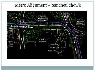 Metro Alignment – Sancheti chowk 
Courtesy : V I T ‘S PVP College of Architecture, Pune. Project by : IV th year B.Arch. 
Civil Court 
Sancheti 
hospital 
College of 
Engineering 
Hostels 
C.O.E.P 
Ground 
Kalaniketan 
Tata Indicom 
 