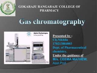 GOKARAJU RANGARAJU COLLEGE OF
PHARMACY

Presented by :
Ch.Nikhila
170213884003
Dept. of Pharmaceutical
chemistry.
Under the guidance of
M/s. CEEMA MATHEW,
Asst.Prof.
1

 