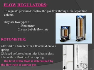 FLOW REGULATORS:
To regulate pressure& control the gas flow through the separation
column.
They are two types :
1. Rotometer
2. soap bubble flow rate

ROTOMETER:
It is like a burette with a float held on to a
spring
placed before column inlet it has a glass
tube with a float held on a spring.
the level of the float is determined by
the flow rate of carrier gas
17

 