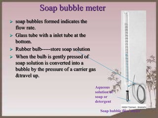 Soap bubble meter





soap bubbles formed indicates the
flow rate.
Glass tube with a inlet tube at the
bottom.
Rubber bulb-----store soap solution
When the bulb is gently pressed of
soap solution is converted into a
bubble by the pressure of a carrier gas
&travel up.
Aqueous
solution of
soap or
detergent
18

Soap bubble flow meter

 