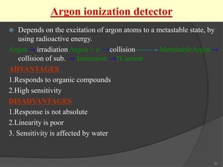 Argon ionization detector
Depends on the excitation of argon atoms to a metastable state, by
using radioactive energy.
Argon→ irradiation Argon + e- →collision
MetastableArgon→
collision of sub. → Ionization →↑Current
ADVANTAGES
1.Responds to organic compounds
2.High sensitivity
DISADVANTAGES
1.Response is not absolute
2.Linearity is poor
3. Sensitivity is affected by water


35

 