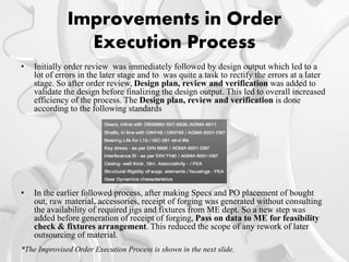 Improvements in Order
Execution Process
• Initially order review was immediately followed by design output which led to a
lot of errors in the later stage and to was quite a task to rectify the errors at a later
stage. So after order review, Design plan, review and verification was added to
validate the design before finalizing the design output. This led to overall increased
efficiency of the process. The Design plan, review and verification is done
according to the following standards
• In the earlier followed process, after making Specs and PO placement of bought
out, raw material, accessories, receipt of forging was generated without consulting
the availability of required jigs and fixtures from ME dept. So a new step was
added before generation of receipt of forging, Pass on data to ME for feasibility
check & fixtures arrangement. This reduced the scope of any rework of later
outsourcing of material.
*The Improvised Order Execution Process is shown in the next slide.
 