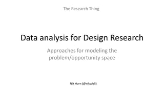 Data analysis for Design Research
Approaches for modeling the
problem/opportunity space
Nik Horn (@niksdeli)
The Research Thing
 