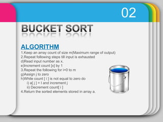 02 ALGORITHM 1.Keep an array count of size m(Maximum range of output) 2.Repeat following steps till input is exhausted Read input number as x. Increment count [x] by 1 3.Repeat the following for i=0 to m Assign j to zero While count [ i ] is not equal to zero do i) a[ j ] = I and increment j ii) Decrement count[ i ] 4.Return the sorted elements stored in array a. 