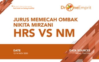JURUS MEMECAH OMBAK
NIKITA MIRZANI
HRS VS NM
DATE
12-14 NOV 2020
DATA SOURCES
NEWS, TWITTER
We don’t claim to be neutral,
but insist on being truthful“
 