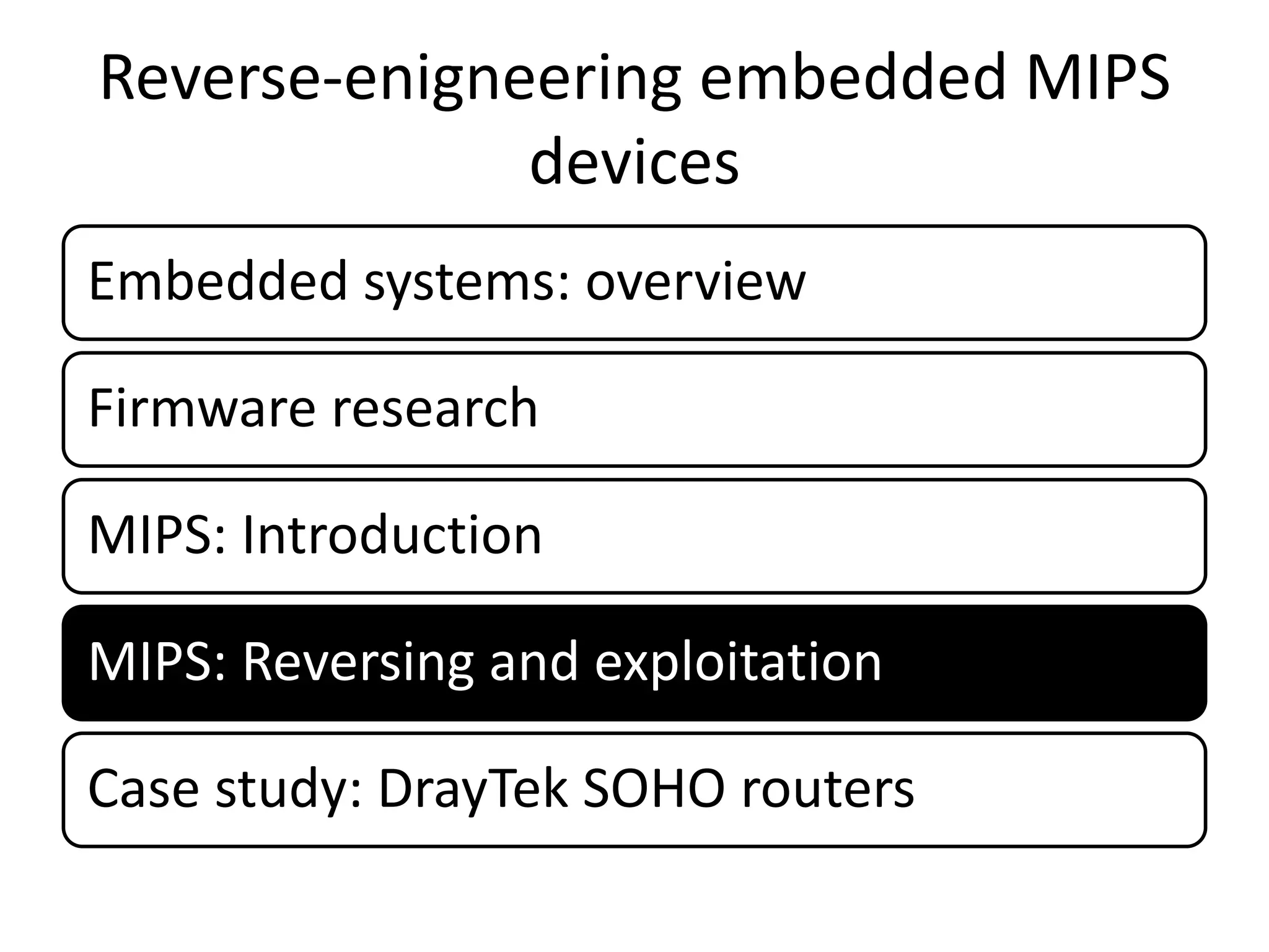 Reverse-enigneering embedded MIPS
              devices
Embedded systems: overview

Firmware research

MIPS: Introduction

MIPS: Reversing and exploitation

Case study: DrayTek SOHO routers
 