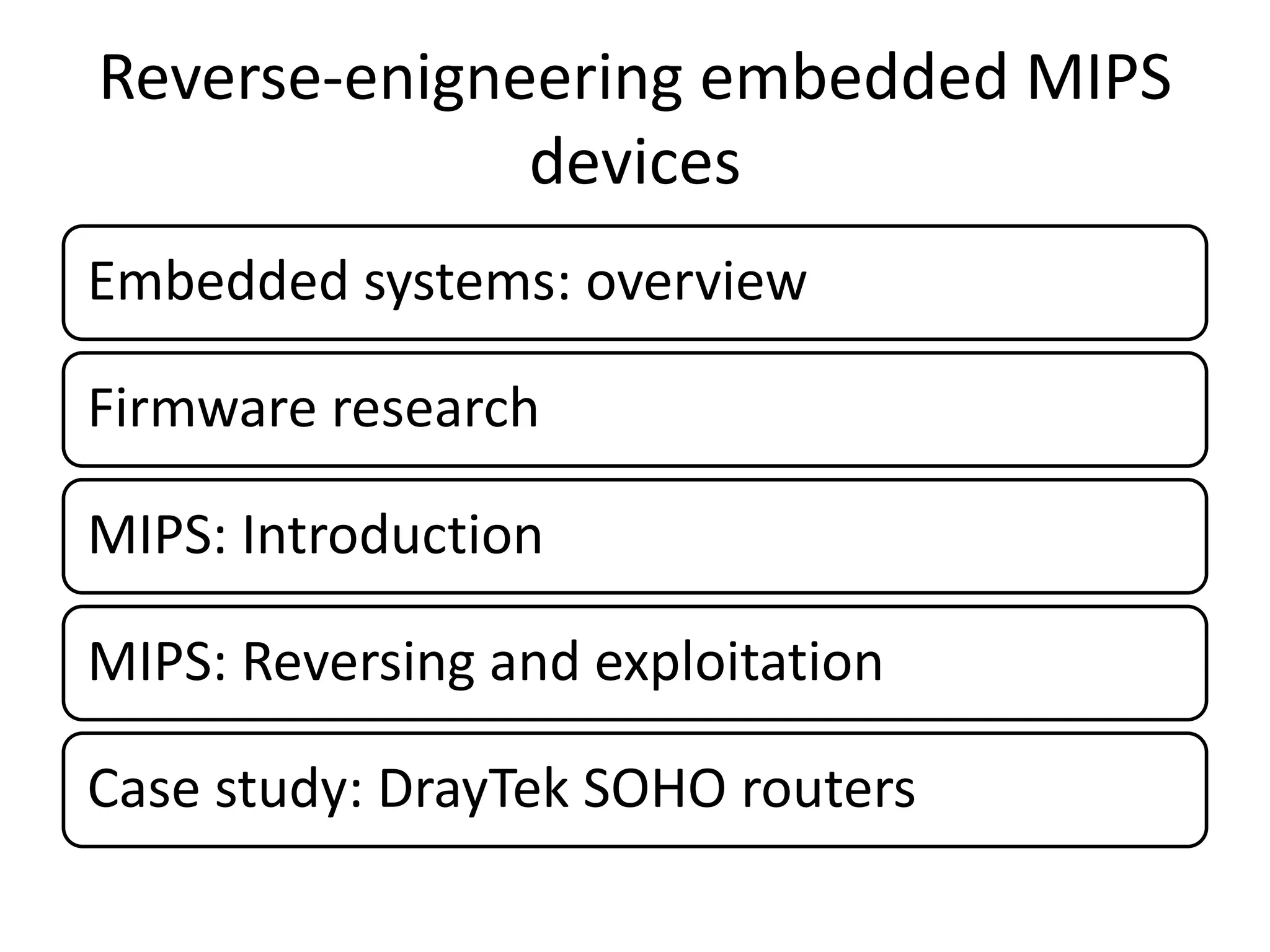 Reverse-enigneering embedded MIPS
              devices
Embedded systems: overview

Firmware research

MIPS: Introduction

MIPS: Reversing and exploitation

Case study: DrayTek SOHO routers
 