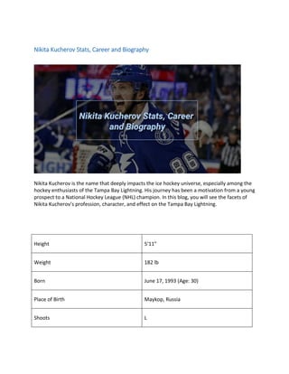 Nikita Kucherov Stats, Career and Biography
Nikita Kucherov is the name that deeply impacts the ice hockey universe, especially among the
hockey enthusiasts of the Tampa Bay Lightning. His journey has been a motivation from a young
prospect to a National Hockey League (NHL) champion. In this blog, you will see the facets of
Nikita Kucherov’s profession, character, and effect on the Tampa Bay Lightning.
Height 5′11″
Weight 182 lb
Born June 17, 1993 (Age: 30)
Place of Birth Maykop, Russia
Shoots L
 